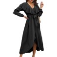 thumbnail image 1 of Laklulu - Vestido cruzado informal de manga larga con volantes, escote en V y lazo en la cintura para mujer, estilo acampanado, sexy, color negro, talla S, 1 of 6