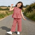 thumbnail image 5 of hoksml Girls Checkered 2-Piece Outfit Sleeveless Ruffle Top and Wide Leg Pants Set with Bow Embroidery, 5 of 9