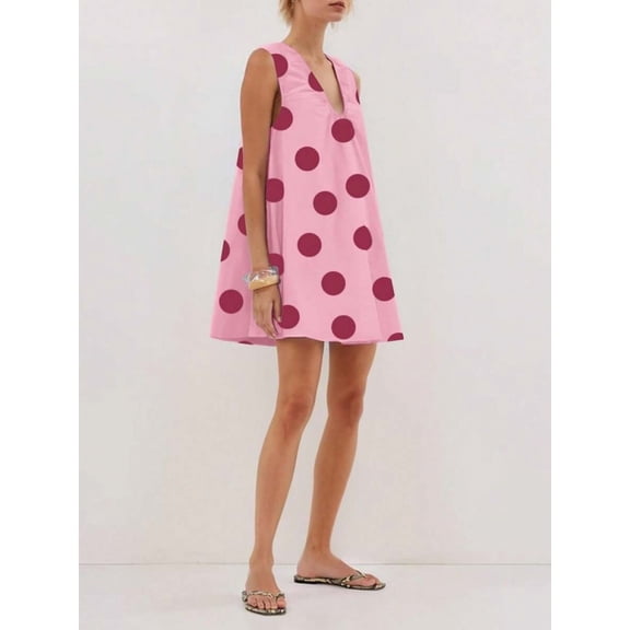 Pink Polka Dot Babydoll Mini Dress With Scoop Neck And Flowy Sleeveless Silhouette