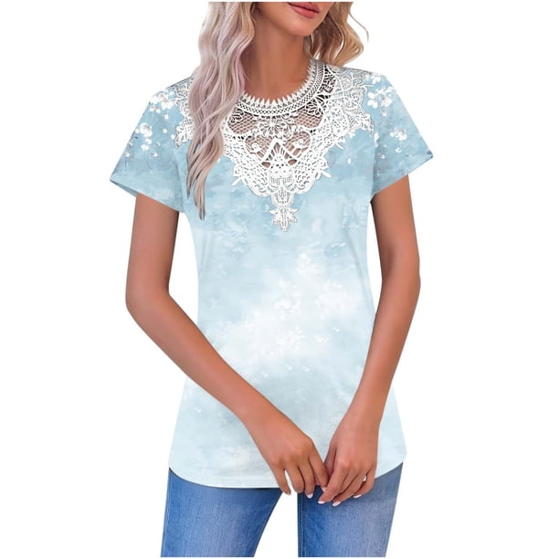 V Cuello Manga Corta Tops para las Mujeres Casual Botón Impresión Blusa de la Moda de Verano Tee, Ligero Mujer de Verano Tops