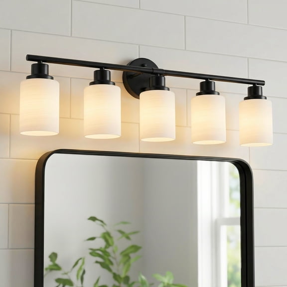 31" Modern 5-Light Vanity Bathroom Mirror Light, Frosted White Glass with Black Iron Frame, Contemporary Wall Sconce for Bedroom, Bathroom, and Dressing Room (Bulb Not Included)