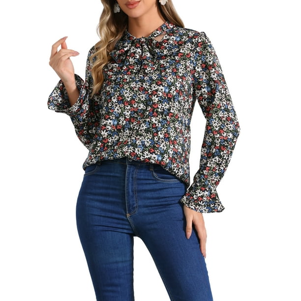 INSPIRAR CHIC Blusa Vintage de Manga Larga con Volantes y Cuello en V Floral para Mujeres S Negro Azul