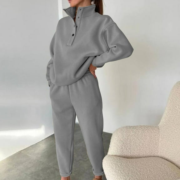 Usmixi Tracksuits Set for Women Sweatsuit Sets for Women Trendy Button Down Stand Neck Sweatshirt and Sweatpants 2 Piece Outfits Sports Casual Solid Lounge Sets with Pocket Under $10