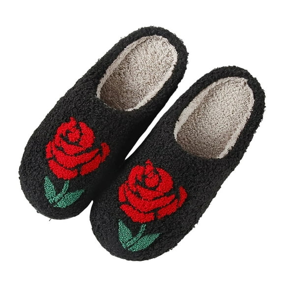 Winter House Slippers for Women Men Funny Floral Animal Print Fuzzy Warm Home Shoes Casual Indoor Slip on Slides Black 7.5