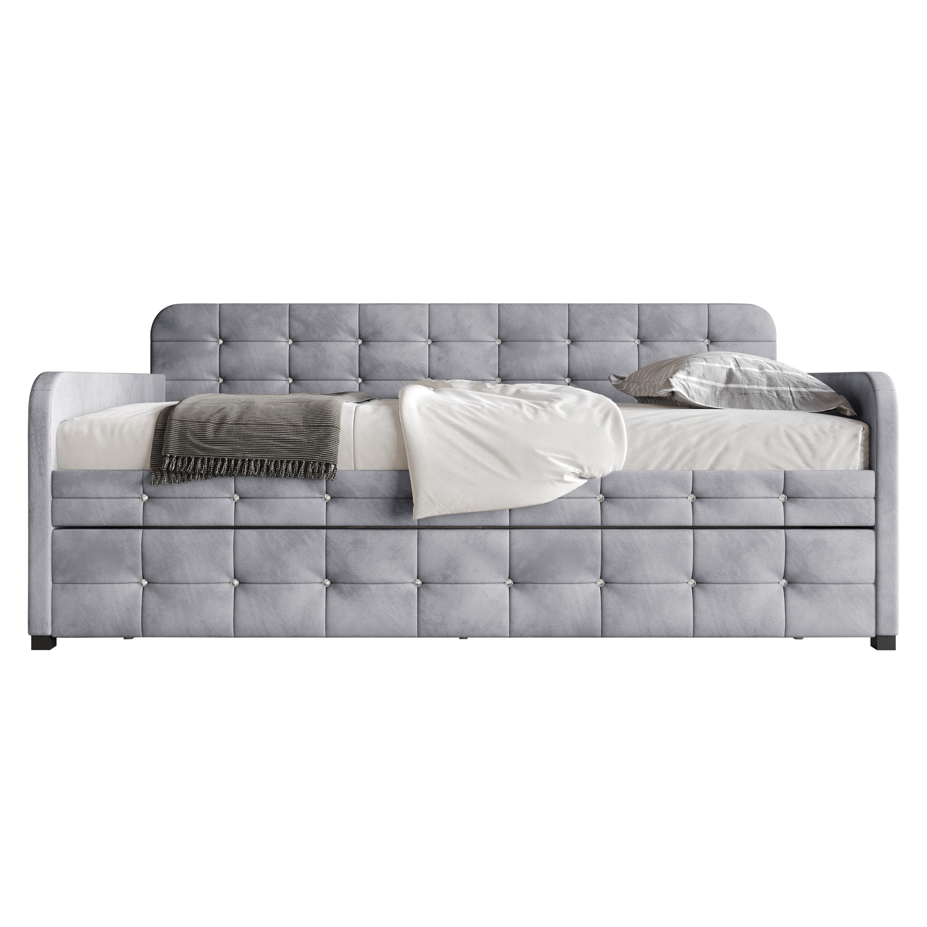 Home Design Elyria Twin Daybed with Velvet Upholstery, Diamond Button Tufting, Rounded Arms, Pull-Out Trundle, Solid Wood Frame, Stylish Seating and Sleeping, Gray