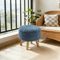 Blue Boucle Round Ottoman with Storage - Teddy Velvet Footrest Stool with Wooden Legs for Living Room, Bedroom & Entryway