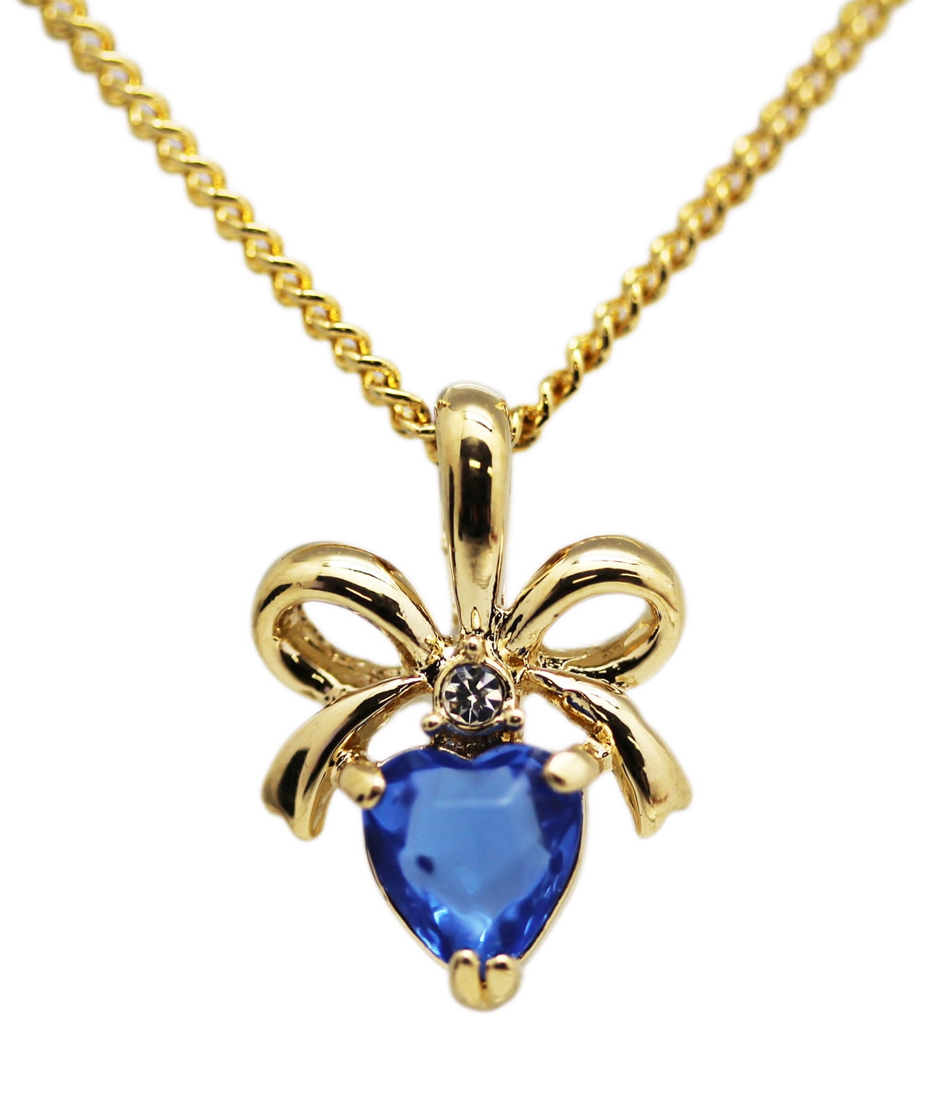 Gold Colored Chain Necklace w/Faux Sapphire Heart Charm