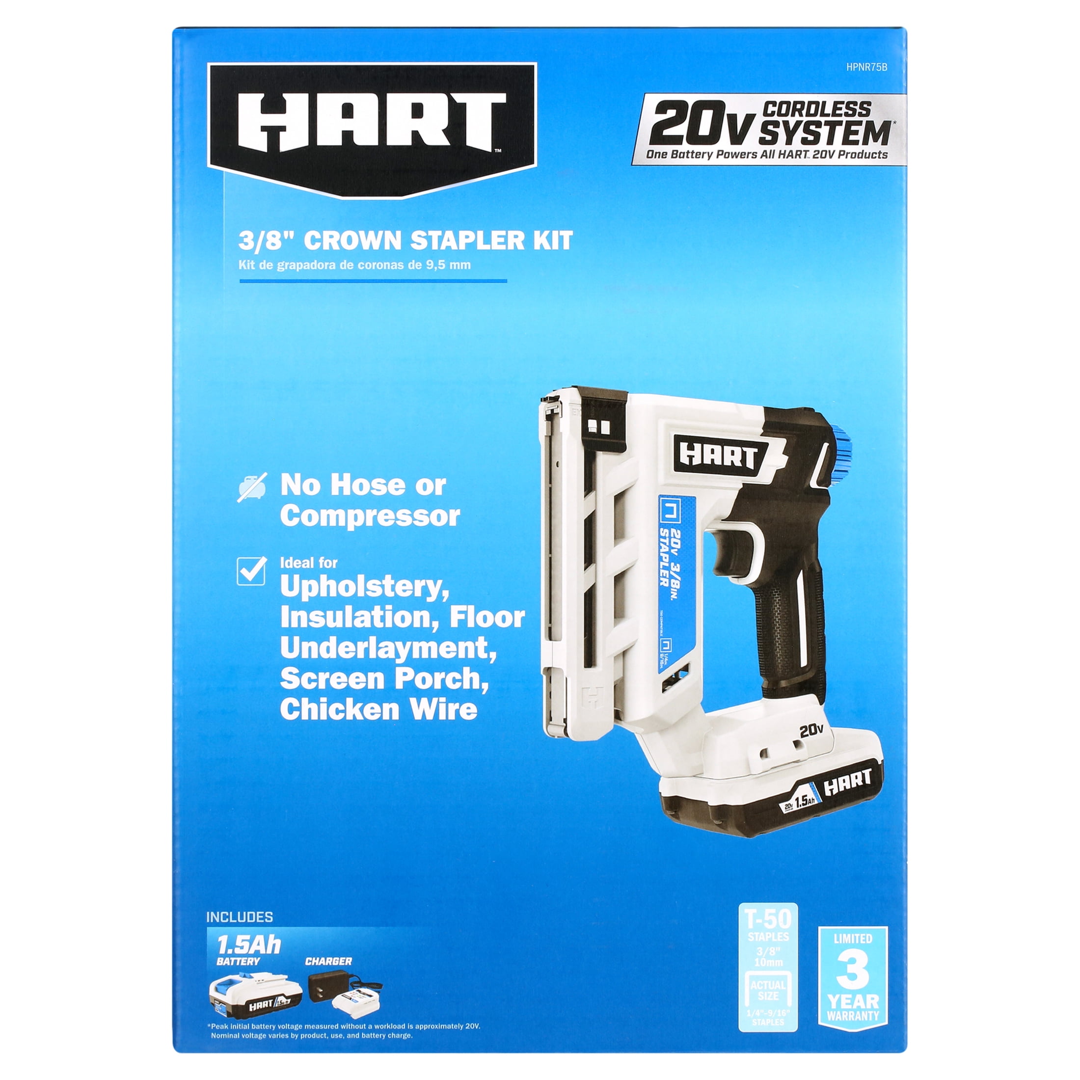 HART 20-Volt 3/8 Inch Crown Staple Gun Kit (1) 20-Volt 1.5Ah Lithium-Ion Battery