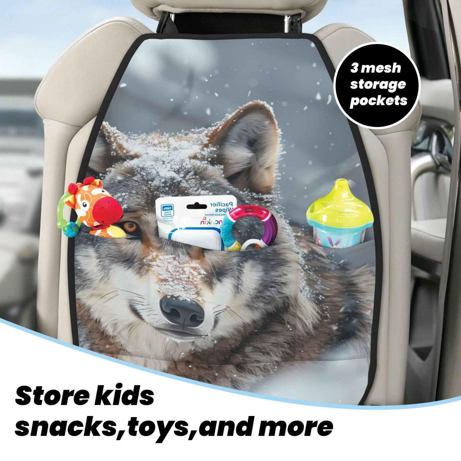 Kdxio Majestic Snowy Wolf Print 2 Pack Car Kick Mat Seat Cover Back Protector Mat with Pockets for Organizer Backseat Protector and Storage Anti Kick Pad for Vehicles