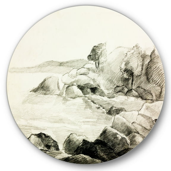 Designart 'Black and White Lake Shore' Nautical & Coastal Circle Metal Wall Art 36x36 - Disc of 36