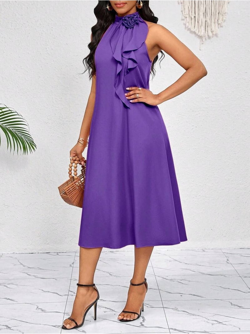 Purple Halter Neck Midi Dress With 3D Flower And Cascading Ruffle Detail, Loose Elegant Fit For Spring Summer