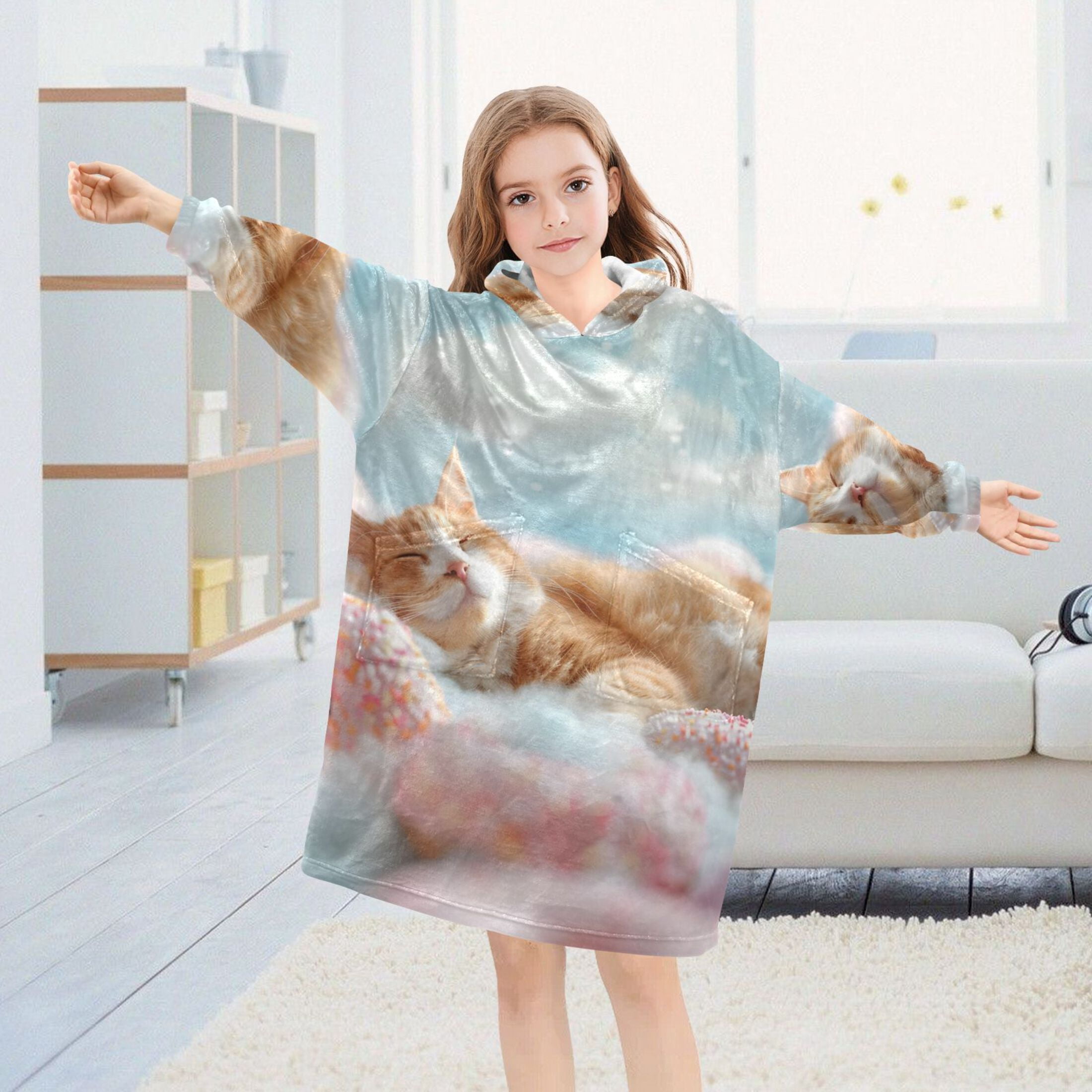 joogoo Wearable Blanket Hoodie for Kids Cute Cat Sleeping with Donuts Flannel Oversized Sweatshirt 3-14 Years M