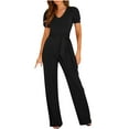 thumbnail image 2 of Summer Jumpsuits For Women Trendy Waist Up Short Sleeved Jumpsuit With V Neck Wide Leg Pants One Piece Outfits Black XL, 2 of 6