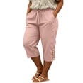 thumbnail image 4 of yardsong Womens Capri Pants Lace Trim Boho Casual Cotton Linen Capris Plus Size Lightweight Drawstring Waist Crop Pant with Pocket Pink,XXXXL, 4 of 6