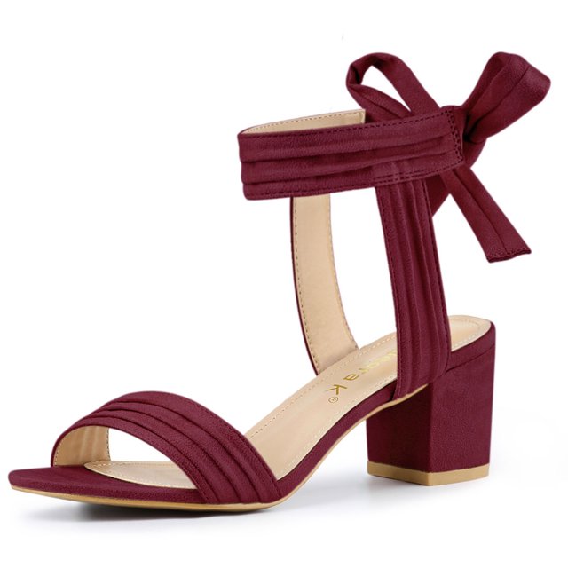 BLISSFUL STEP Women's Open Toe Ankle Tie Back Block Heels Sandals Burgundy(Size 7)