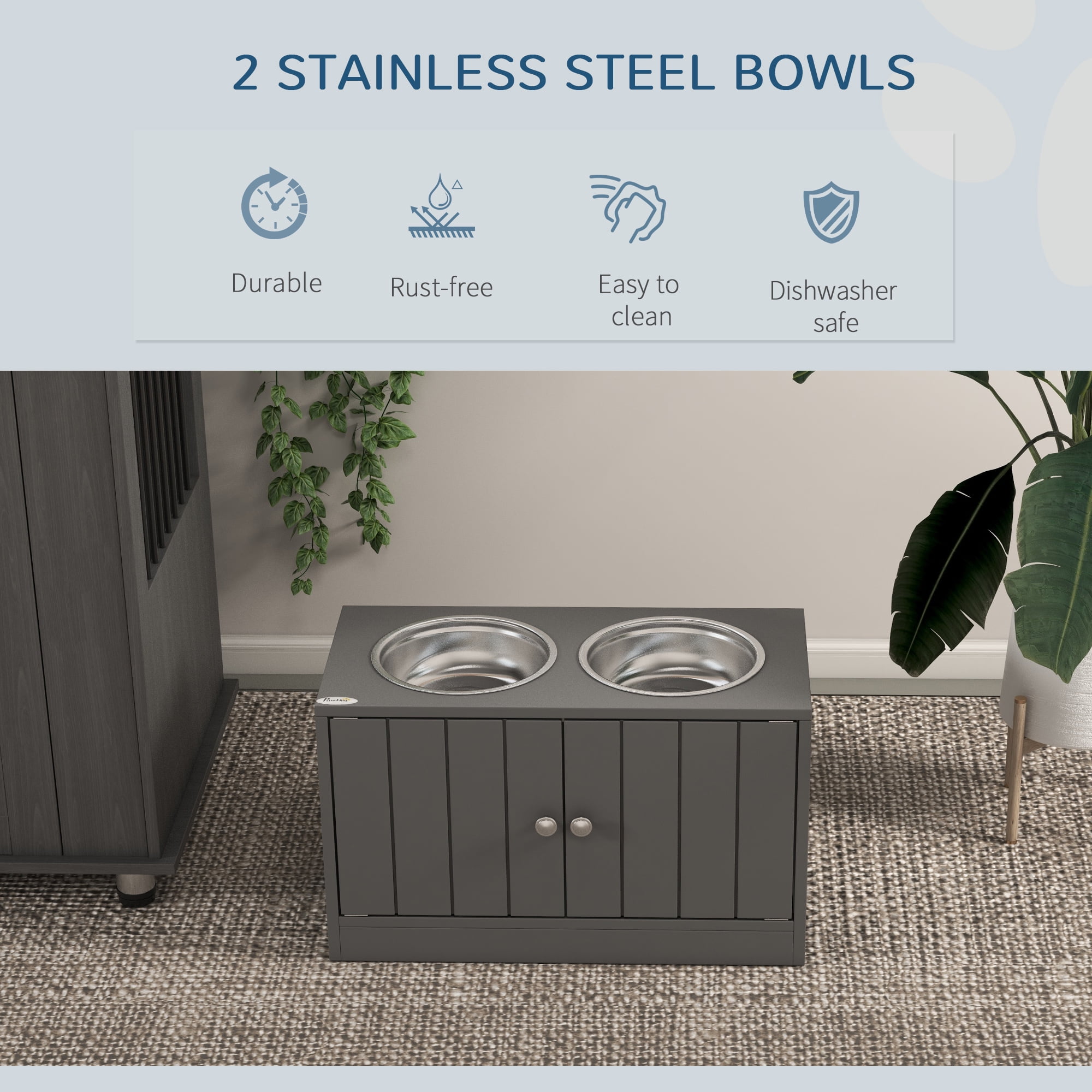 Large Elevated Dog Bowls Raised Feeding Station with 44L Storage Cabinet Stainless Steel Bowls Magnetic Closure Pet Food Stand Gray