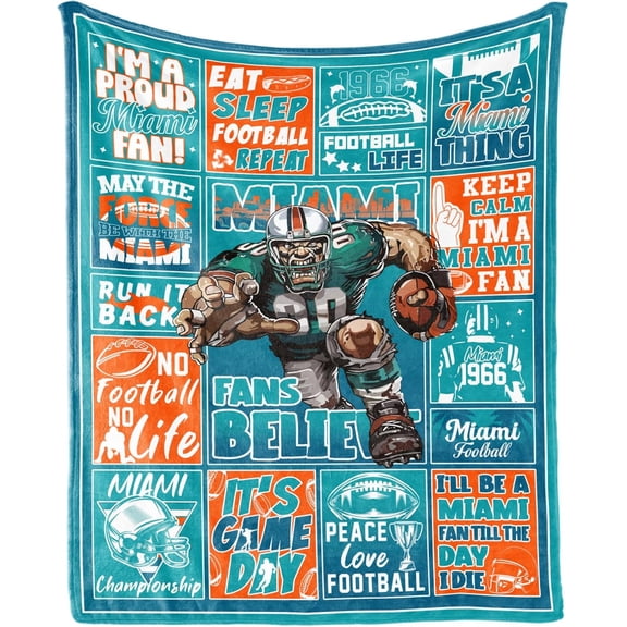 Miami Football Throw Blanket 80"x60", Football Team Color Gifts for Miami Fans, Football Lovers Gifts, Super Cozy Soft Living Room Flannel Blanket