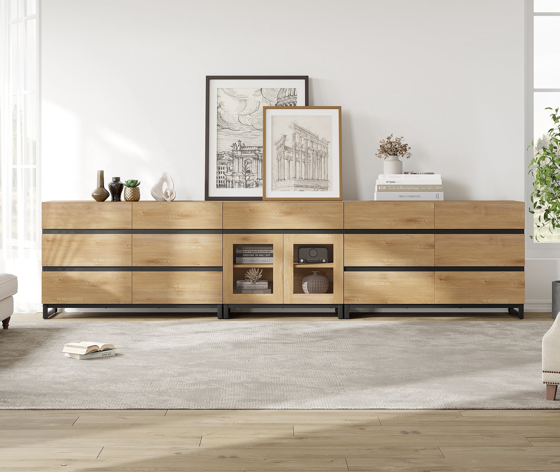 3 In 1 Multifunctional Chest of Drawers, Glass Door Dresser with 13 Drawers and Adjustable Shelves, Home Storage Cabinet Organizer for Bedroom,Oak