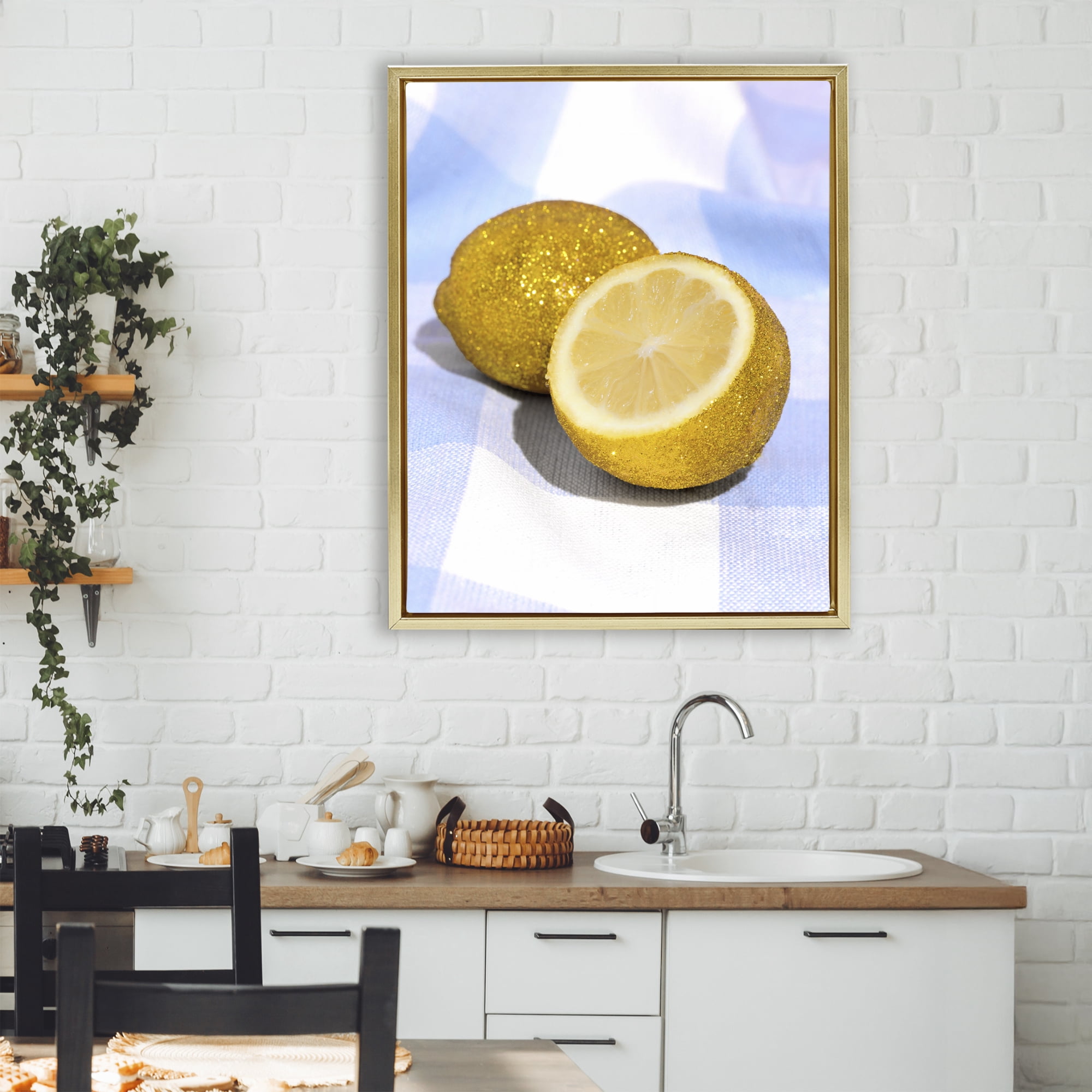 Stupell Industries Glimmer Lemon on Blue Gold Framed Floater Canvas Wall Art, design by LISH Creative