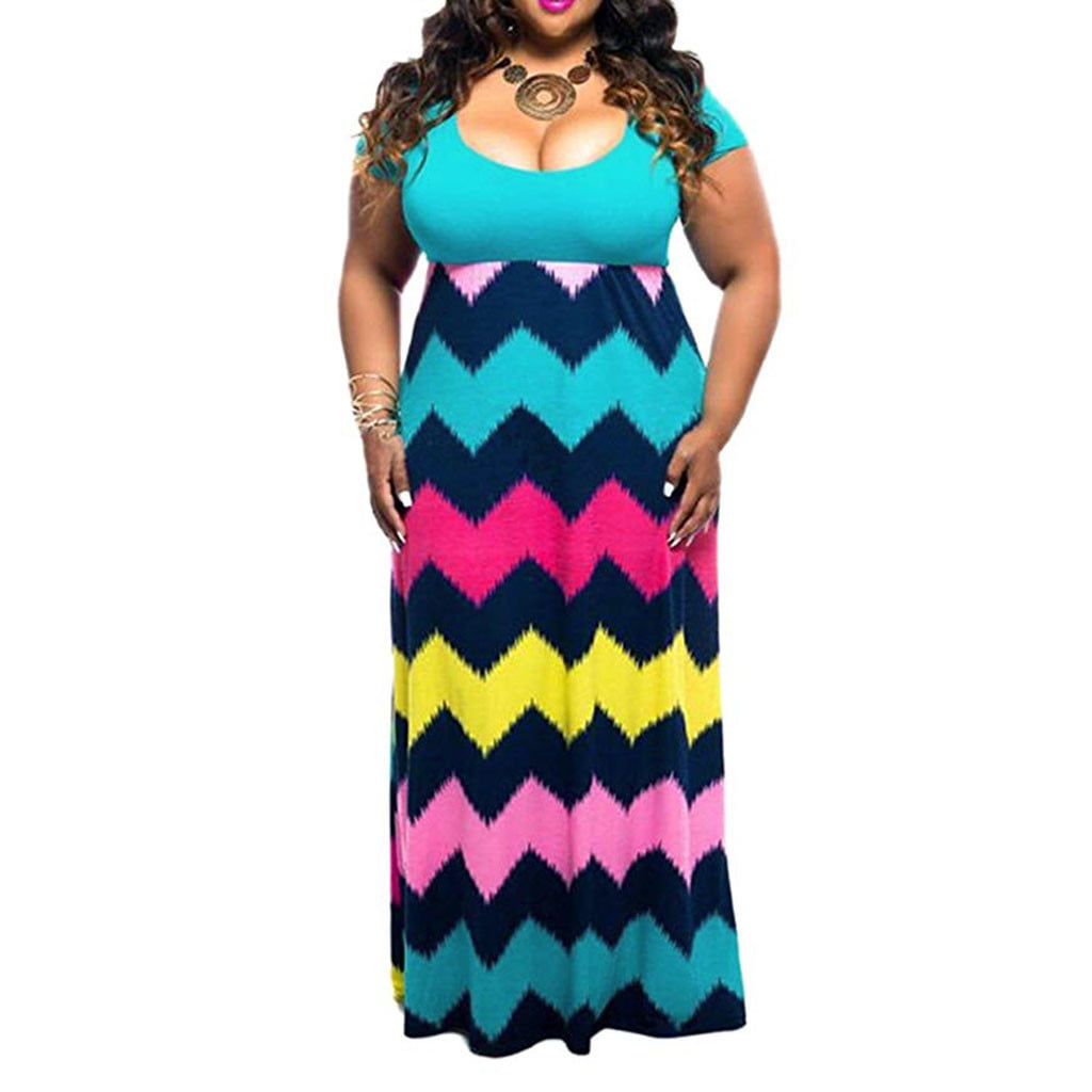 HebeTop Womens Chevron Print Summer Short Sleeve Plus Size Casual Maxi Dress 
