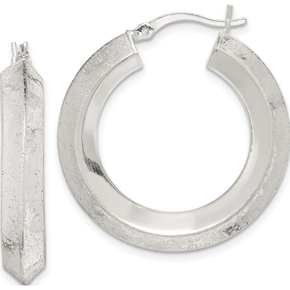 Sterling Silver Textured Polished 5.5X30mm Knife-Edge Hoop Earrings (31.5 X 30.25) Made In India qe14112