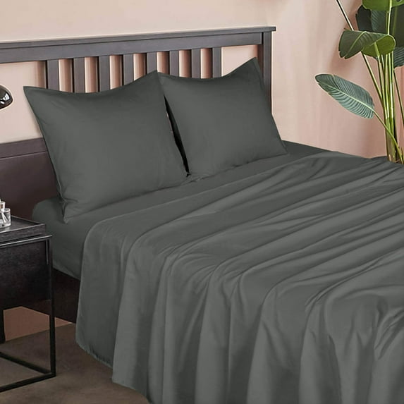 Microfiber Queen Bed Sheet Set, 4 Pieces Wrinkle, Fade, Stain Resistant Solid Color Sheet and Pillowcase Set (1 Flat Sheet, 1 Fitted Sheet, 2 Pillowcases) with Deep Pocket, Dark Grey