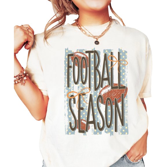 Football Season Shirt Women Coquette Bow Game Day Tailgate Tee, Ivory Shirt, M