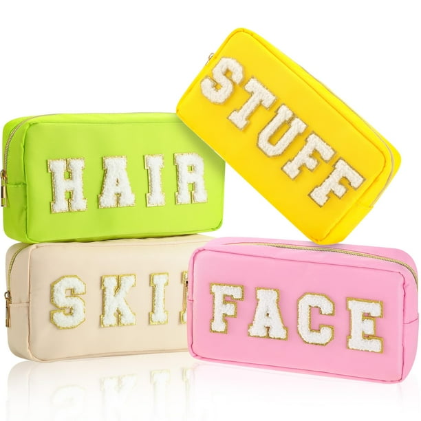 Bolsas de maquillaje Cunno Preppy de nailon con letras de chenilla, 4 unidades, para mujer