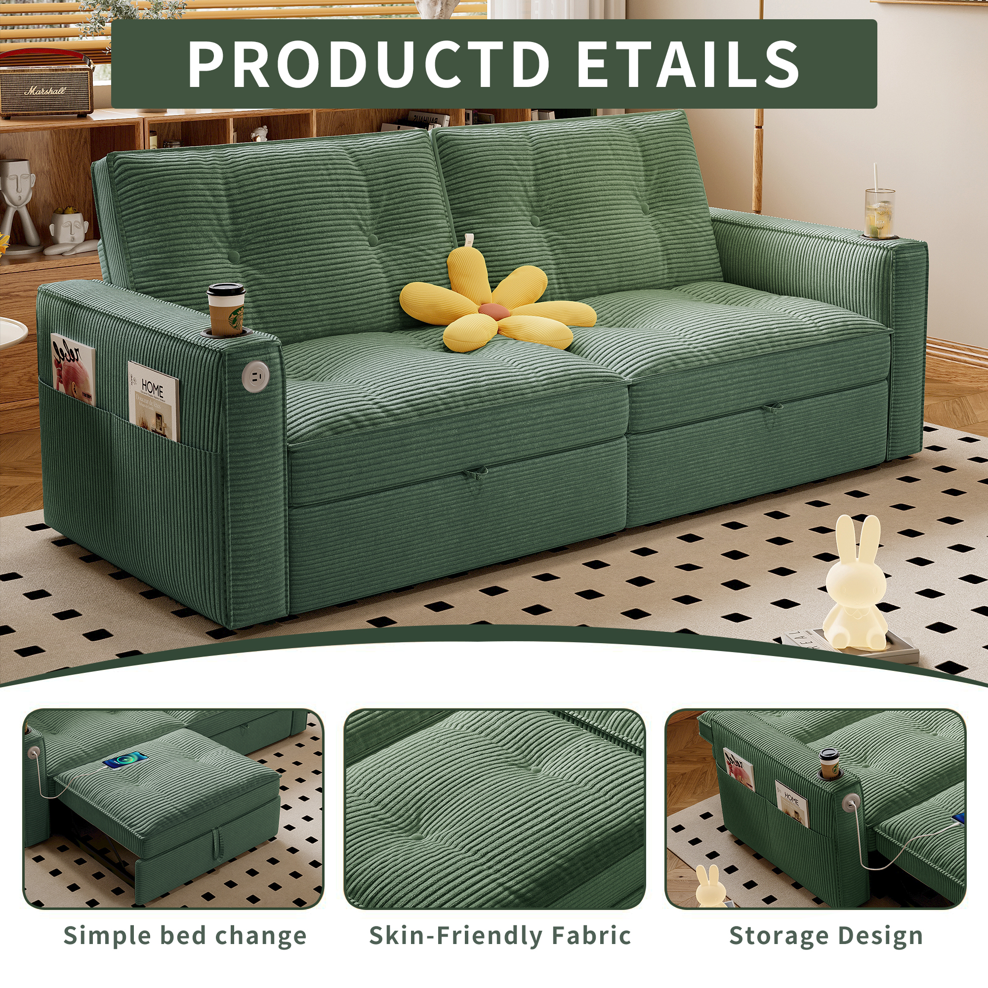 3-in-1 Multi-Functional Sleeper Sofa Bed, Upholstered Corduroy Convertible Loveseat Lounge, Indoor Daybed for Living Rooms/Bedrooms