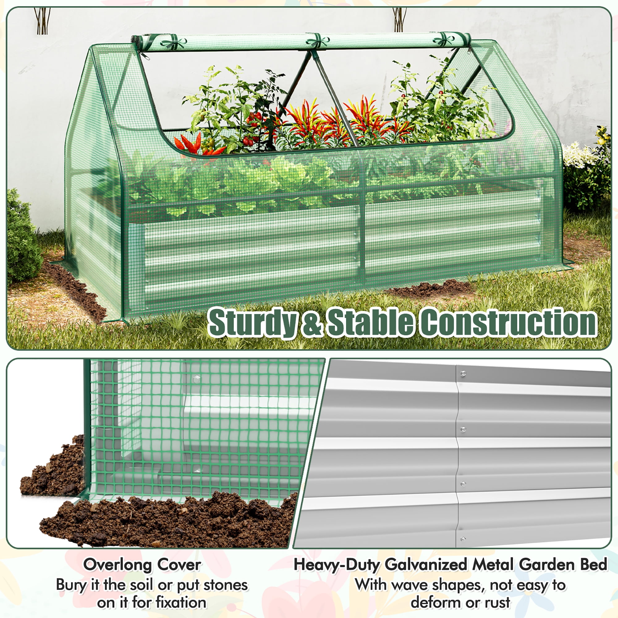 Gymax Galvanized Steel Raised Garden Bed Metal Planter Box Kit w/ Mini Greenhouse Cover