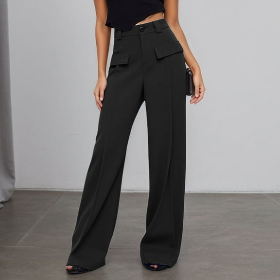 TrendOFT Womens Wide Leg Dress Pants High Waisted Formal Pants Elasticized Waist Back Casual Pants Business Work Suit Pants Black L