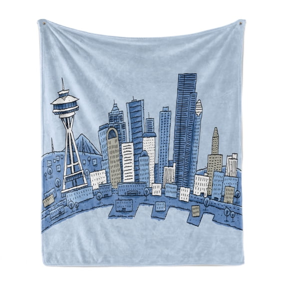Seattle Skyline Soft Flannel Fleece Throw Blanket, Doodle Urban Setting in Washington Blue Toned Illustration, Cozy Plush for Indoor and Outdoor Use, 50" x 70", Azure Blue and Pale Blue, by Ambesonne