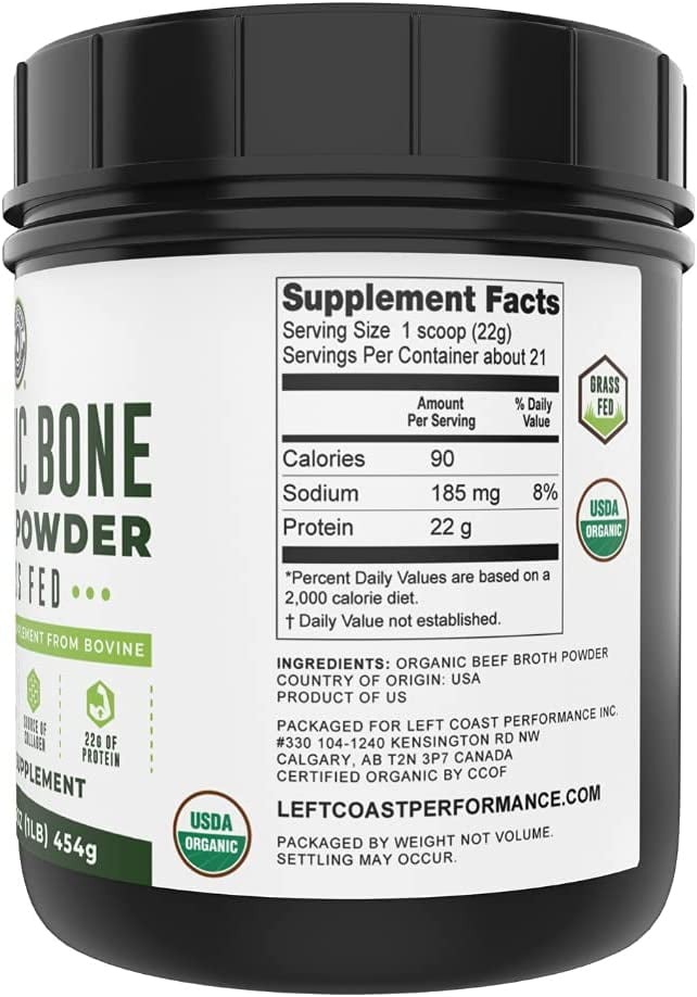 Left Coast Performance Grass Fed Beef Bone Broth Protein Powder with Collagen for Joint Support, Organic, 16 oz