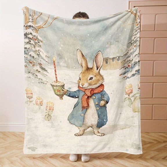 1pc Cozy Christmas Bunny Flannel Throw Blanket Soft Warm and Comfortable with Cute Cartoon Bunny Illustration Perfect for Bed Sofa Office or Camping All Season Use Cute Blanket