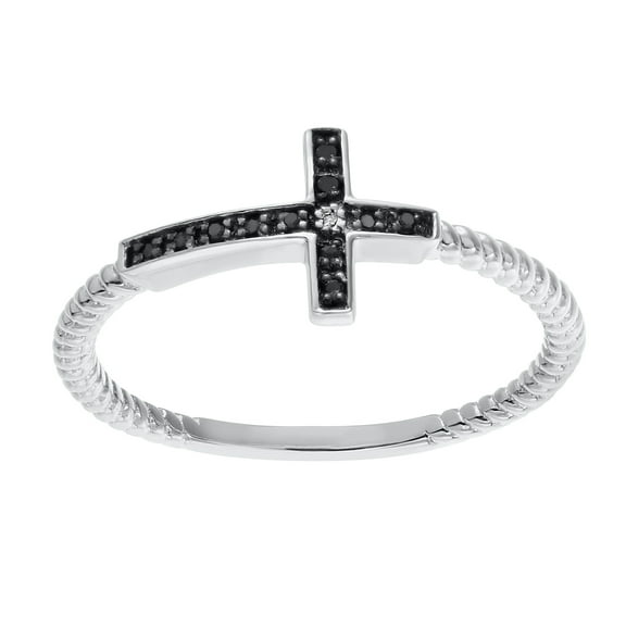 .04 cttw Black and White Diamond Sideways Cross 925 Sterling Silver Ring Sz 5