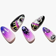 GLAMERMAID Short Almond Press on Nails, Ombre Pink French Tip Fake Nail Medium Oval Purple Gothic Emo False Nail Kit with Skull Design, Gel Stiletto Acrylic Stick Glue on Nails Set Kit for Women Gift