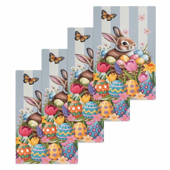 Easter Bunny Kitchen Dish Towels for Drying Dishes Set of 4, Colorful Eggs Spring Tulips Flower Blue Stripes Waffle Weave Microfiber Hand Tea Bathroom Towels Quick Dry & Absorbent Towel 15.7x23.6