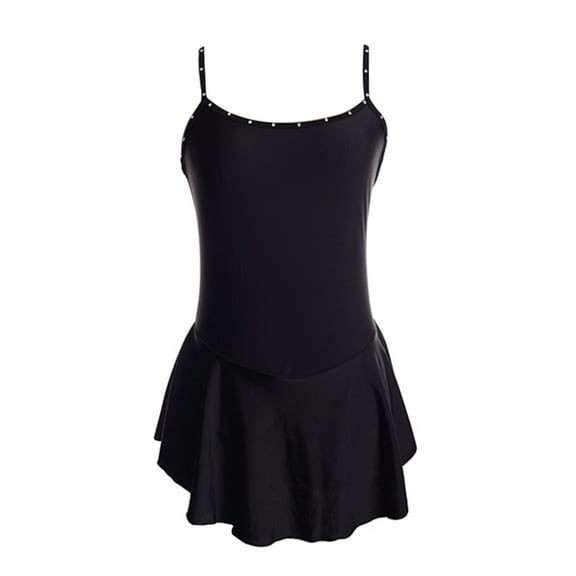 LIUHUO Sleeveless Spaghetti Strap Custom Figure Skating Dress for Girls Women Stretch Black Spandex Flowing Skirt Diamond Adorned Straps