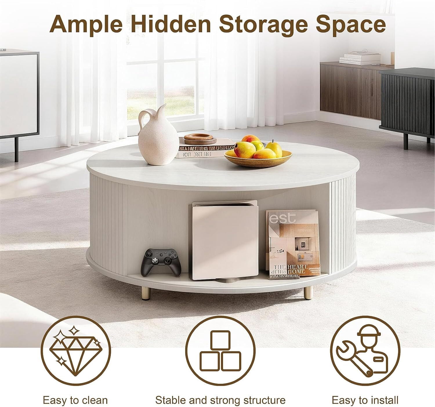 avobird 31.5" Round Coffee Table with Storage, Fluted Wood Accent Center Table with 360° Curved Sliding Door & Adjustable Footpads for Living Room, White