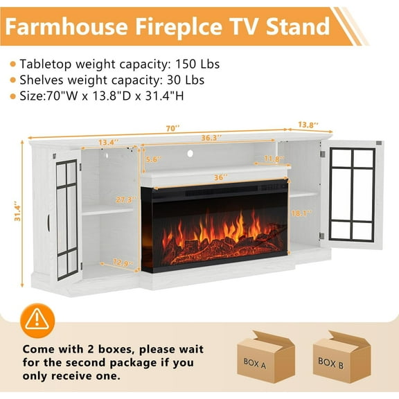 70 Inch TV Stand with 3-Sided Glass Fireplace, White Media Console with Storage