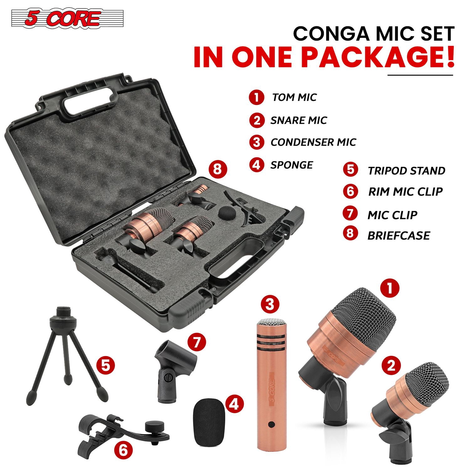 Conga Mic Snare Tom Set Professional XLR Cardioid Unidirectional Condenser Instrument Microphone Kit - CONGO 3XP Copperex