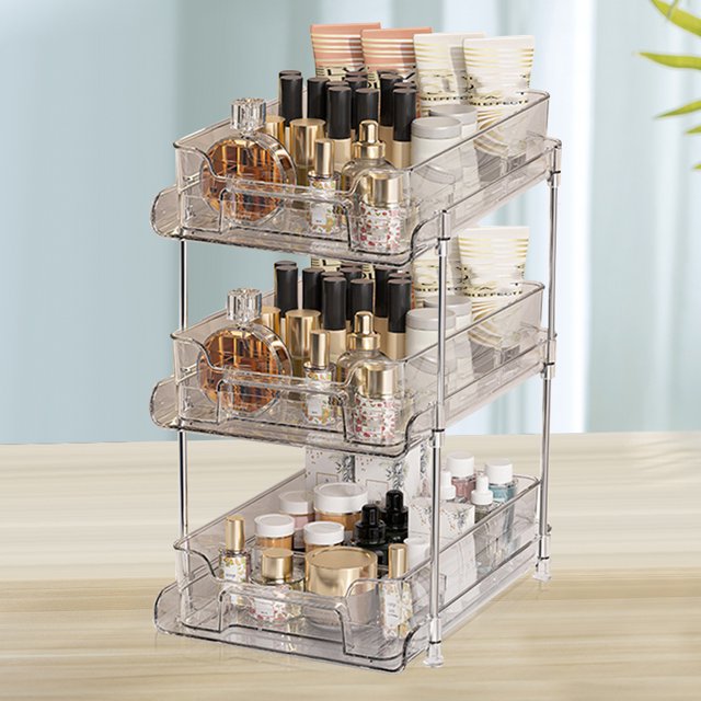 Organizador de gabinete de baño de 2/3 niveles cajones de almacenamiento deslizantes PET antideslizante transparente