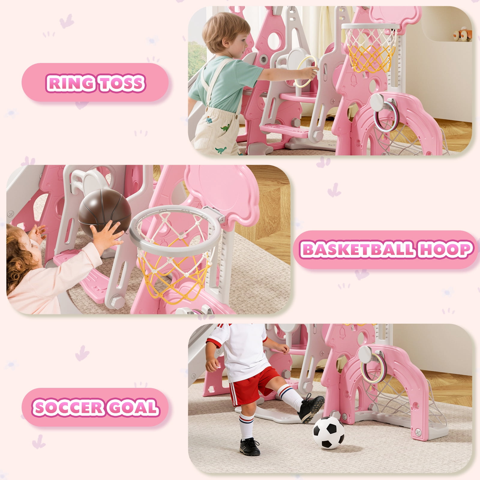 XJD 6-in-1 Toddler Slide and Swing Set, Kids Indoor Outdoor Playset with Basketball Hoop, Backyard Playground for Toddlers 1-3 Years Old, Pink