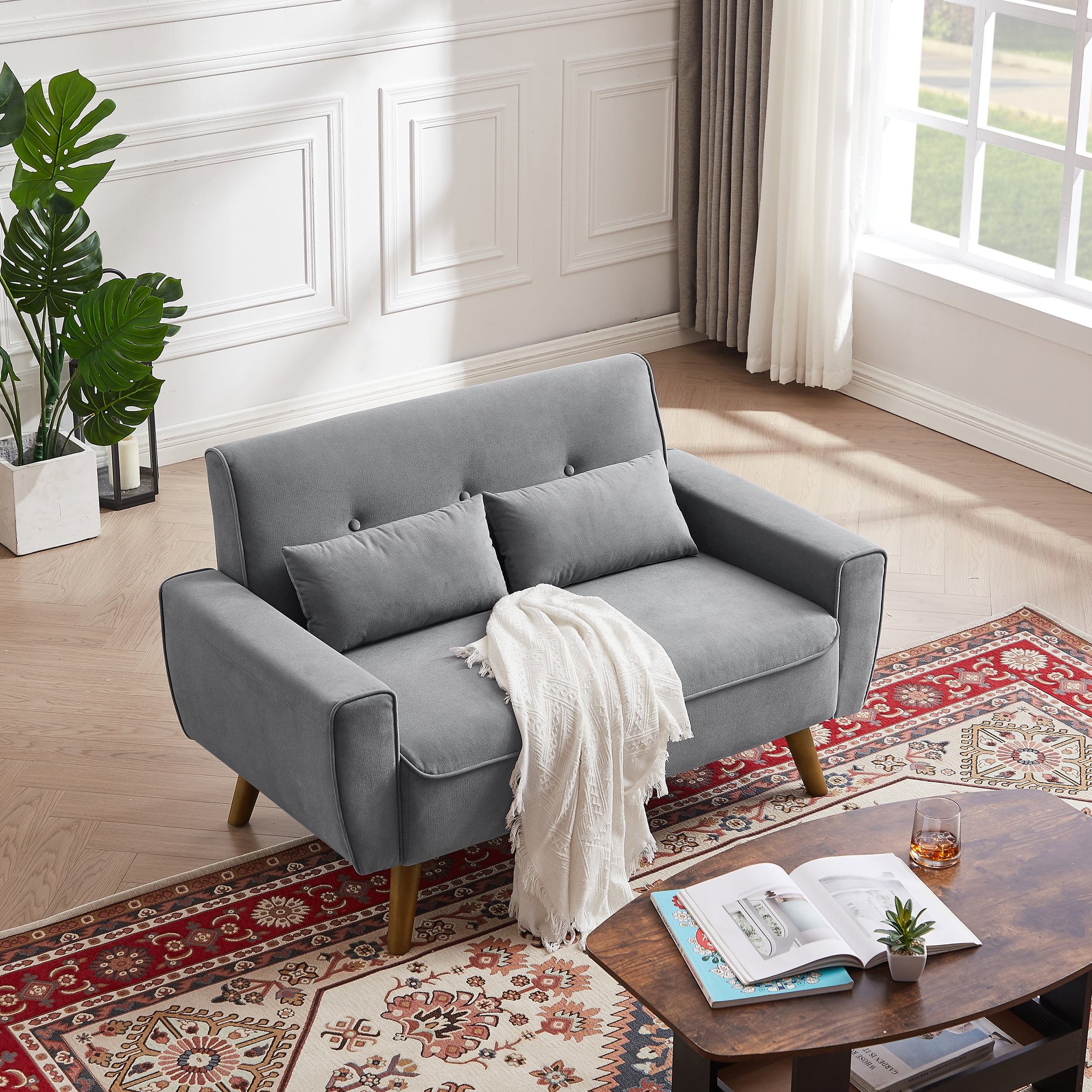 Jarenie 47" Small Modern Loveseat Sofa, Mid Century Linen Fabric 2-Seat Sofa Couch Tufted Love Seat with Back Cushions and Tapered Wood Legs for Living Room, Bedroom and Small Space LightGrey