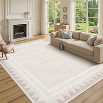 Garvee 8x10 Geometric Bordered Rug Solid Area Rug with Non Slip Backing, Washable Rug Soft Neutral Floor Mat for Living Room Bedroom Dining Room, Beige