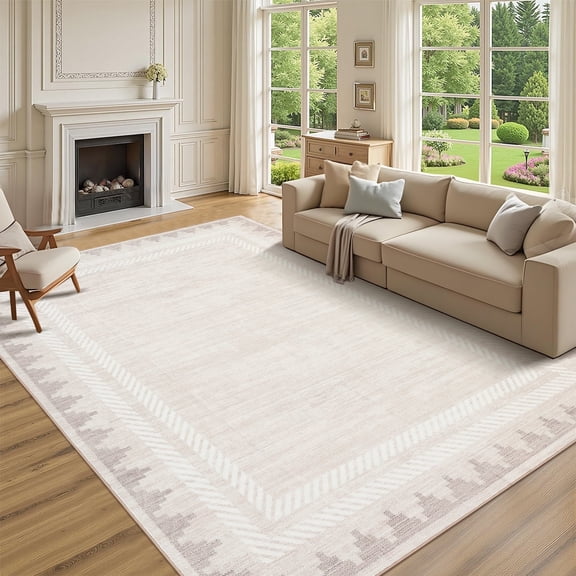 Garvee 8x10 Geometric Bordered Rug Solid Area Rug with Non Slip Backing, Washable Rug Soft Neutral Floor Mat for Living Room Bedroom Dining Room, Beige