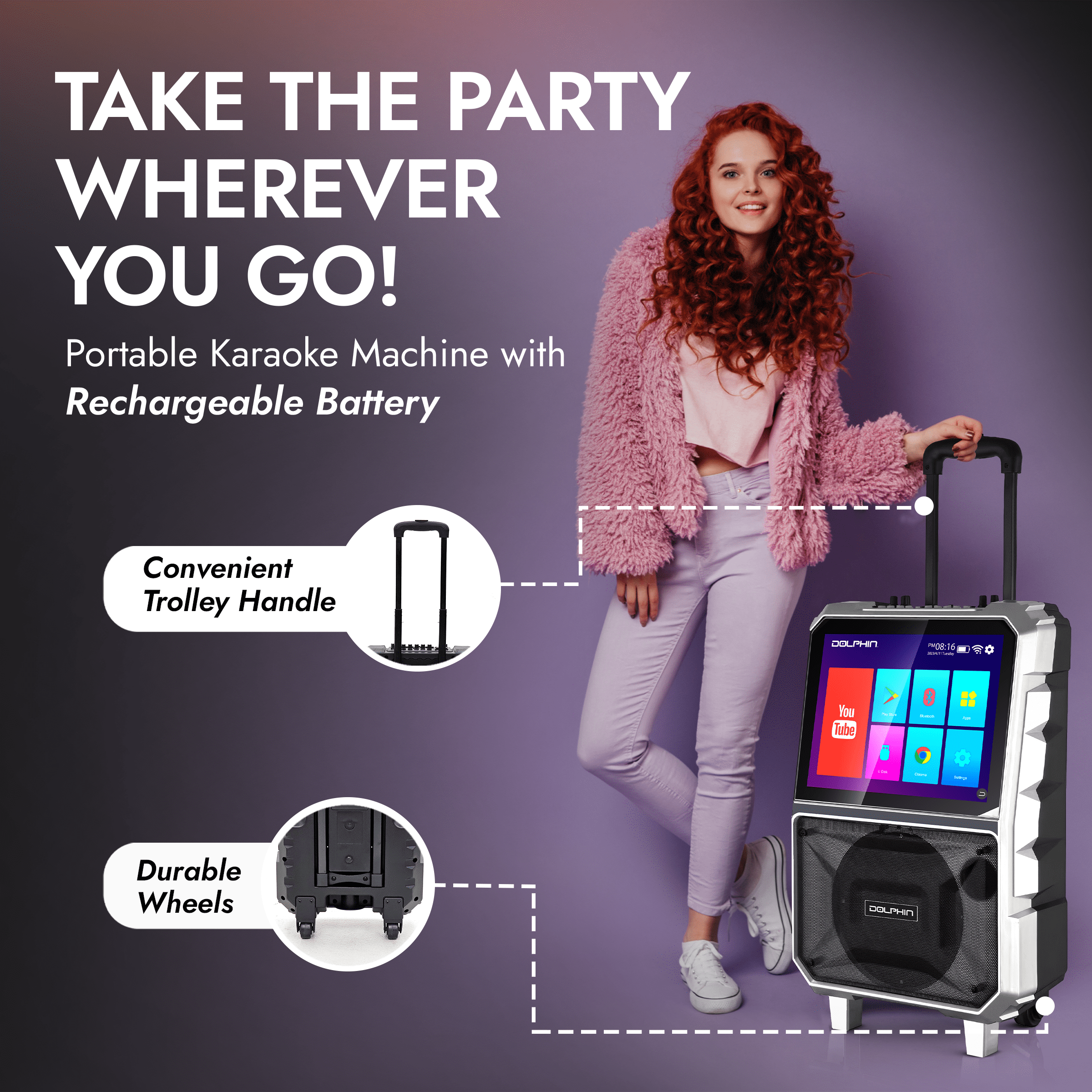 Dolphin Audio KB-85R Bluetooth Portable Karaoke Speaker with 14.1-In. Touch Screen and Wireless Microphone, KB-85R
