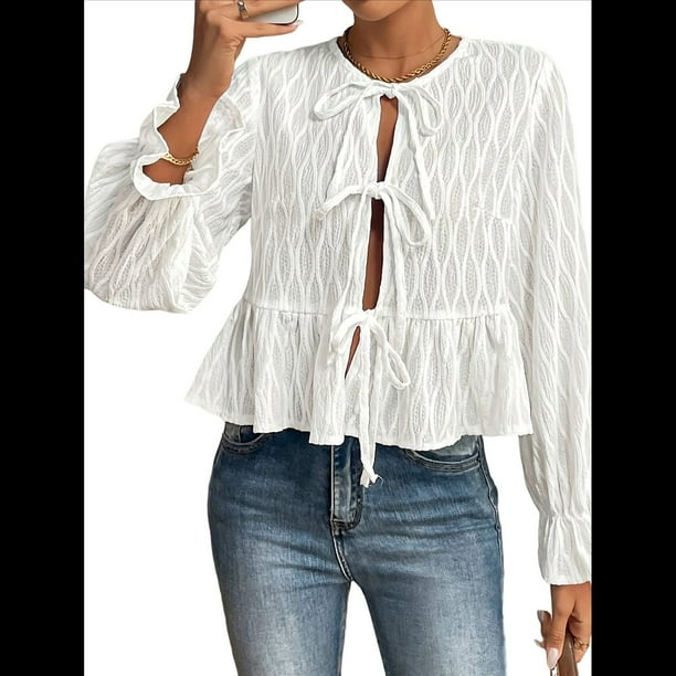 Blusa de Larga Abullonada Estilo Babydoll con Lazo Delantero para Mujer, Estilo Y2K M