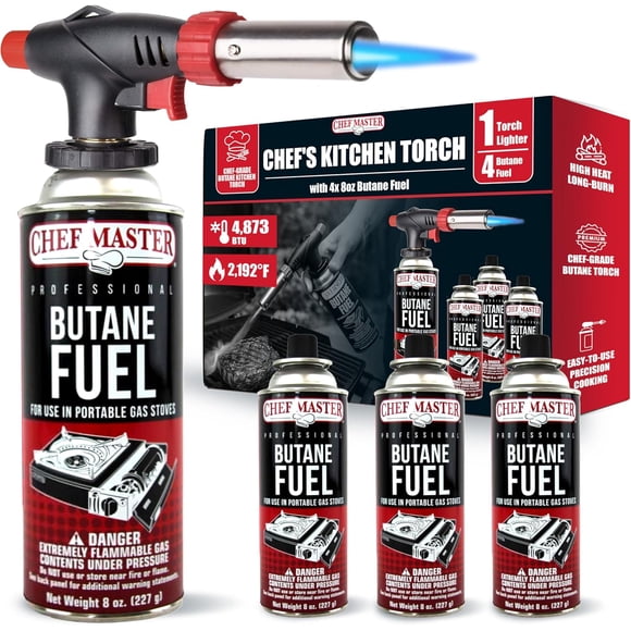 Butane Torch Lighter w/ 4 x 8oz. Butane Fuel Tin Canister Combo, Refillable Kitchen Torch & Adjustable Flame Cooking Torcher for Creme Brulee, Dessert, Meats, Indoor & Outdoor BBQ by Chef Master 90022