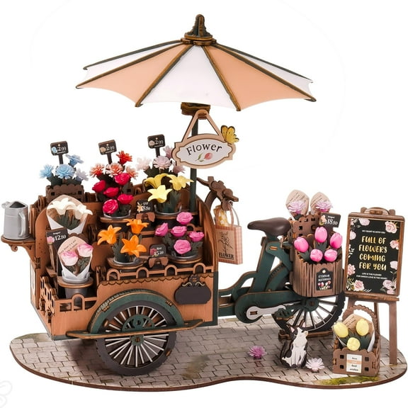 Rolife 3D Puzzles for Adults DIY Model Building Kit to Build Floral Wooden Cart Home Decor Gifts for Boys & Girls
